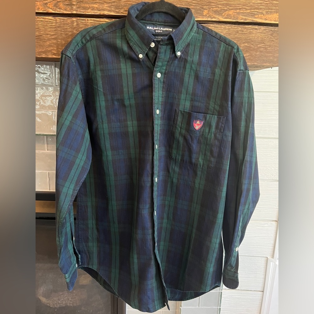 Ralph Lauren Golf Shirt Small Mens Button Up Long Sleeves Blue Tartan Plaid